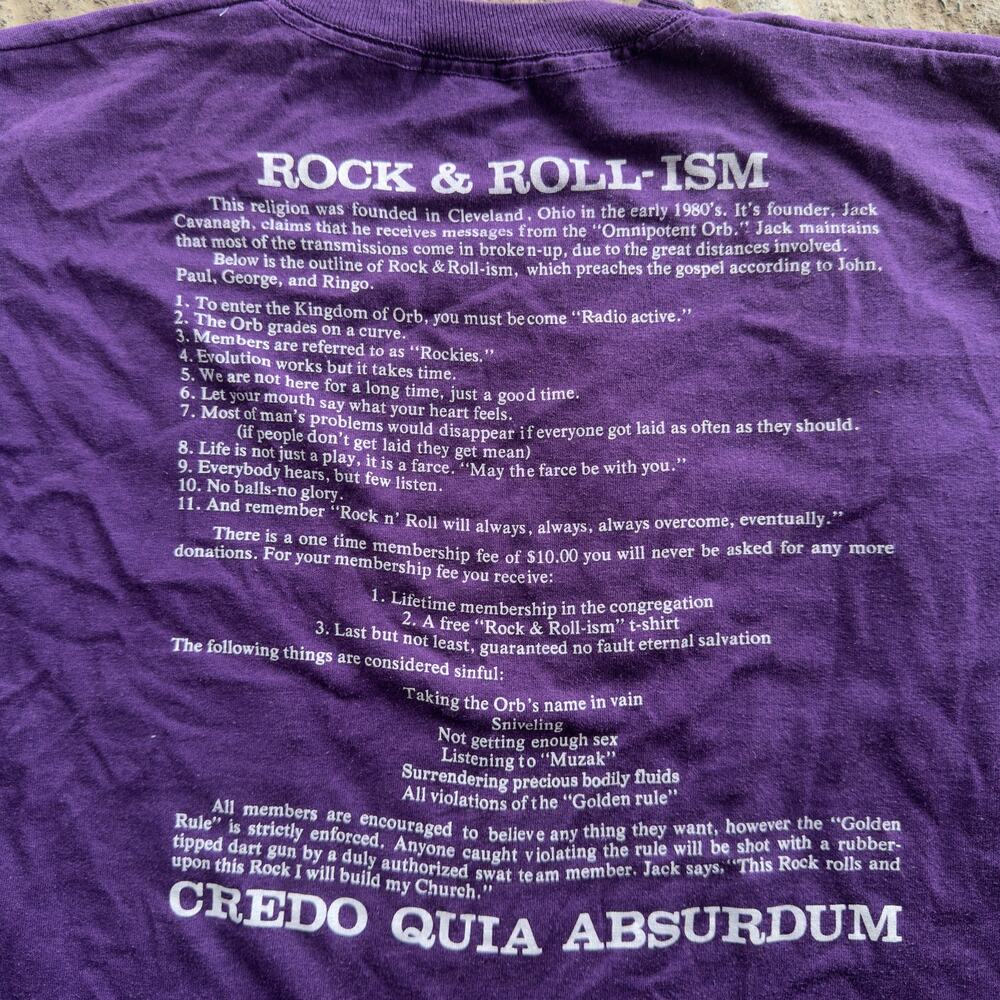 VINTAGE 80S ORBICAL ROCK N ROLL SHIRT ABSURDISM CHURCH RELIGION FUNNY TEE LARGE
